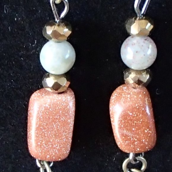 Speckled Goldstone Labradorite Gemstone Earrings Rondelle Spacers Brass Peace - Picture 11 of 13